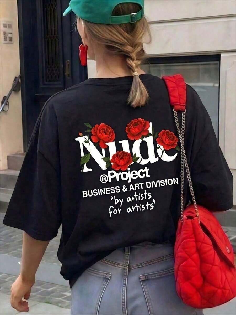 Camiseta de manga corta con cuello redondo y estampado para mujer, corte holgado informal, tela súper suave y cómoda, estilo de moda urbana, camiseta gráfica clásica que combina con todo, top básico diario ligero y transpirable, perfecta para uso diario, vacaciones informales, ir al trabajo, salidas al aire libre, reuniones de fin de semana, compras y actividades de ocio, camiseta casual de gran tamaño y a la moda para damas. ZF40 - Negro - Ver 1