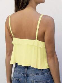 Top tipo camiseta con tirantes finos, escote en la espalda, volantes y holgado, de color amarillo dulce, para mujer, para el verano - Amarillo - Ver 2