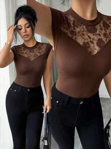 de mujer con cuello redondo, elegante, con parches de encaje, adecuada para uso diario, otoño/invierno y primavera/verano - Marrón - Ver 3