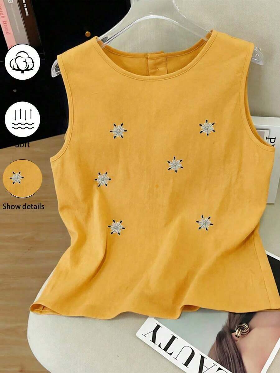 de lino sin mangas con bordado francés para mujer - Amarillo - Ver 1