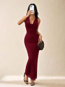 Vestido elegante de mujer de unicolor con cuello drapeado de malla, vestido largo, estilo vacacional, adecuado para vacaciones de otoño/invierno - Burdeos - Ver 5