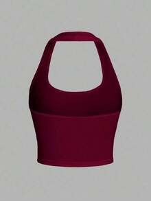 Camiseta de tirantes de ajuste ceñido con cuello halter, color liso y corta, de estilo minimalista y casual para mujer, de verano - Rosa Roja - Ver 2