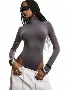 Body de mujer con cuello alto y manga larga, de uso casual - Gris - Ver 1