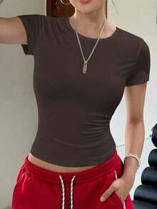 Camiseta de mujer de moda holgada de manga corta con cuello redondo para verano - Café integral - Ver 1