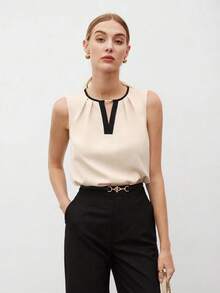 Camiseta sin mangas con detalle de pliegues y ribete de contraste para mujer, blusa formal elegante para el transporte urbano, uso casual de negocios - Caqui - Ver 10