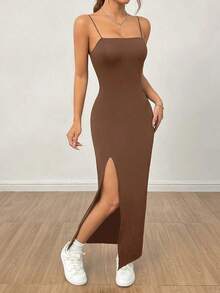 Vestido largo negro de mujer con correa de abertura alta y unicolor - Marrón - Ver 5