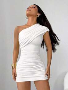 mini ajustado con pliegues de unicolor para mujer, atuendos de verano y club, sexy - Blanco - Ver 4