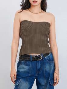 Women's Summer Tube Tops, Solid Color Knitting Ribbed Strapless Cropped Tops Slim Backless Vest - Brown - View 5