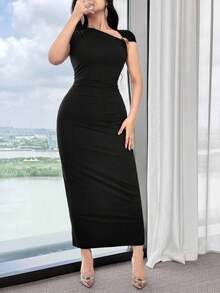 Vestido de verano de longitud media con decoración metálica asimétrica en el hombro, elegante para mujer - Negro - Ver 3