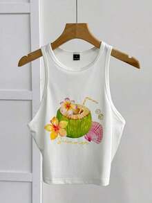 Top de tirantes ajustado de cuello redondo minimalista casual para mujer, adecuado para el verano, con estampado de copa de cóctel - Blanco 3 - Ver 4