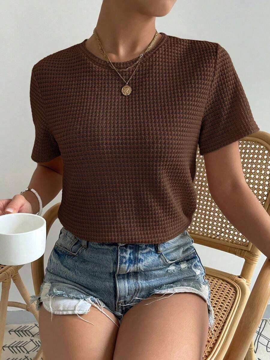 Camiseta casual de manga corta y cuello redondo llana para mujeres, verano - Café integral - Ver 1