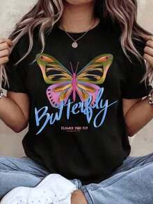 Women's Casual T-Shirts, Round Neck T-Shirt With Butterfly And Flower Print, Short Sleeve, Casual Summer Top For Daily Wear, Women's T-Shirt, Y2K Style, Fashionable Summer T-Shirts, Casual Streetwear Sets And Tops. - 黑色 - 查看 1