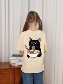 Camiseta de cuello redondo con estampado divertido de gato para niña preadolescente, top de verano - Negro - Ver 2