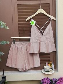xheComfortcana Conjunto informal de camiseta de tirantes y pantalones cortos con estampado de corazón tejido y cuadros en rojo para mujerxhe - Café integral - Ver 6
