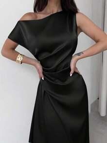 Vestido elegante asimétrico de hombro con pliegues y bajo de cola de sirena en color verde, adecuado para citas, vacaciones, bodas, eventos, regreso a la escuela, graduación, vestido de dama de honor formal, vestidos elegantes para mujer - Negro - Ver 4