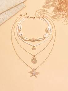 4pcs/Set Beach Vacation Ocean Style Multilayer Necklace, Shell, Conch, Starfish & Faux Pearl Decor Gold Tone Jewelry For Women, Suitable For Daily Wear, Summer Vacation, Date, Party, Music Festival - Multicolor - View 2