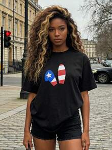 Women's Summer Clothing, Soft And Casual Cotton T-Shirt With Round Neck, Puerto Rican Culture Print. White. - 黑色 - 查看 1