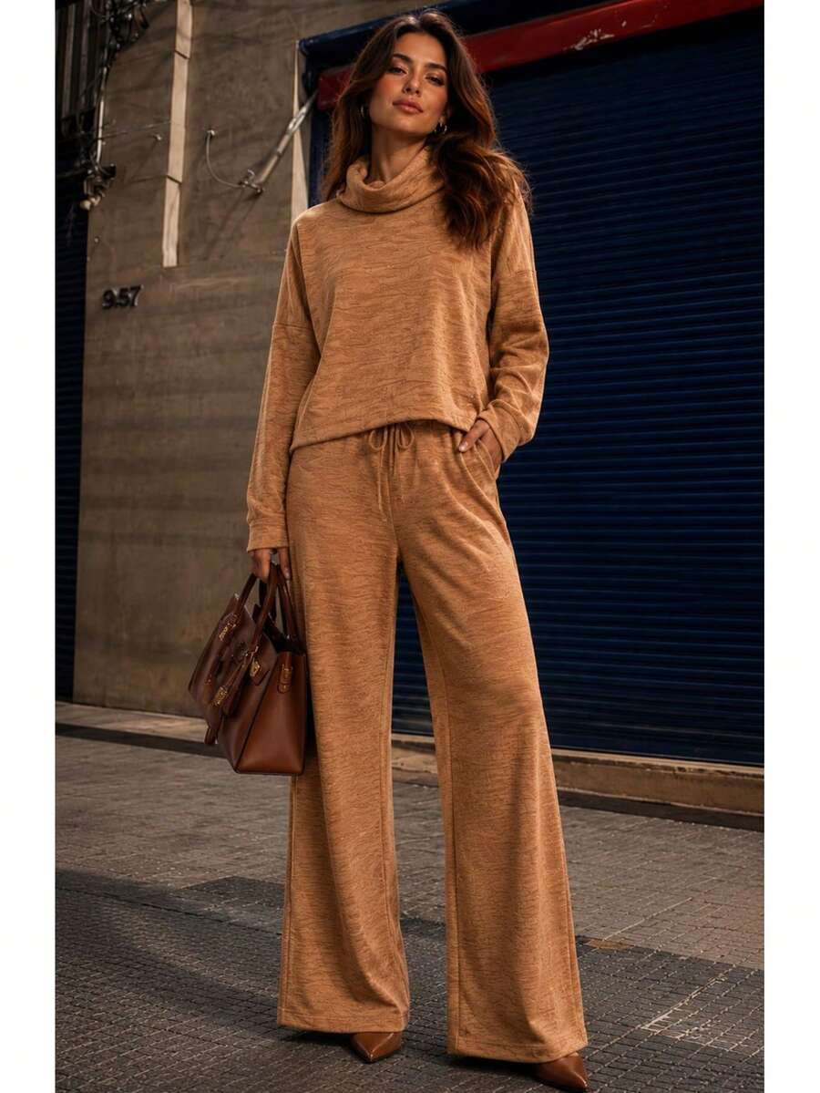 Women's Set In Elegant And Comfortable Ribbed Knit Fabric, Winter Fashion, Chic Blogger Style - 駝色 - 查看 1