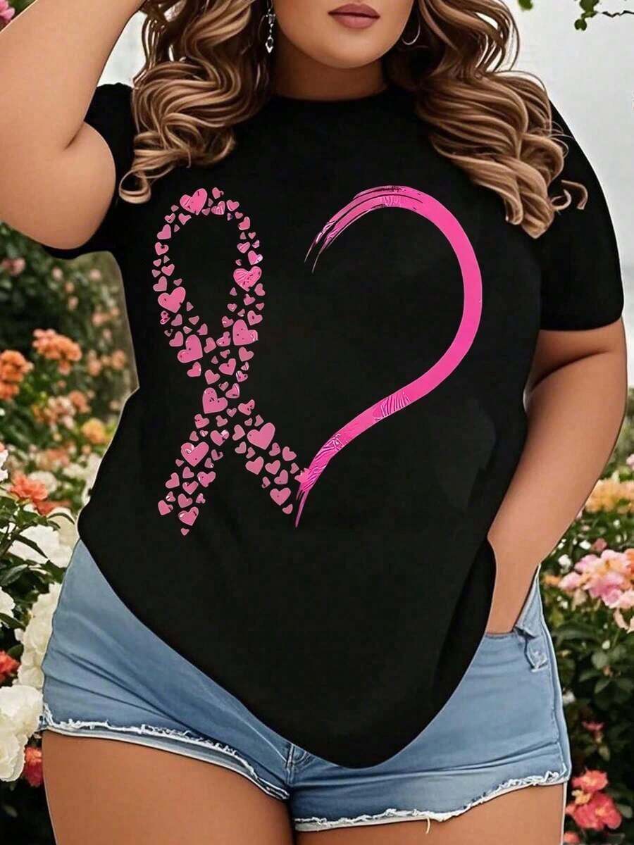 Women's Pink Breast Cancer Awareness T-Shirt - Heart Design With Leopard Print, White T-Shirt To Support The Fight Against Breast Cancer, Perfect For October Breast Cancer Awareness Month, Comfortable Cotton T-Shirt For Charity Events And Everyday Wear - 黑色 - 查看 1