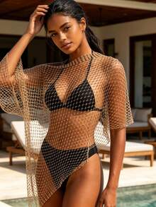 Women's Gold Fishnet Rhinestone Ponchos Tops Asymmetric Off One Shoulder Cut Out Mesh Cover Up Lingerie - Gold - View 4