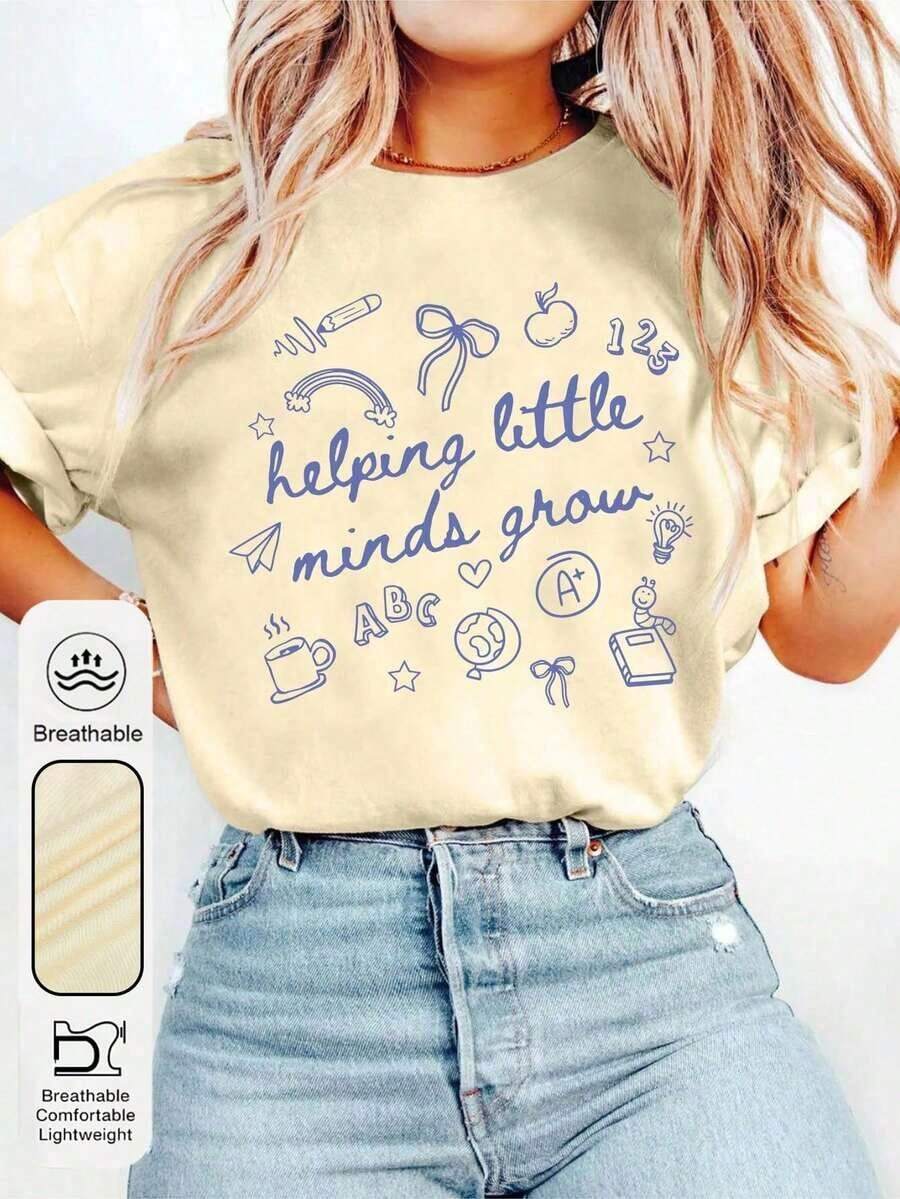 Soft, Casual, Simple, Everyday Summer T-Shirt For Women, Plus Size, With A Round Neck And Short Sleeves, Featuring A "Kindergarten Teacher" Graphic Print; Women's Back-To-School Graphic T-Shirts; Women's "Teacher" Graphic Print Summer Clothing Pattern - 杏 - 查看 1