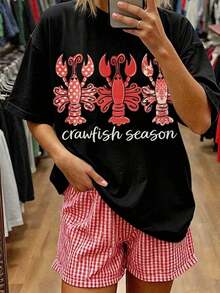 Premium 100% Cotton T-Shirt With Three Crayfish Print, Short Sleeves, And Crew Neck | Casual Style, Slightly Stretchy Fabric, Ideal For Spring/Summer/Autumn Outfits For Women, Mother's Day Gift Sets, World Cup Wear, Soccer Party Wear, Match Day Wear, Unisex Plus Size USA Soccer Jersey, Summer Outfits For Women. - 黑色 - 查看 6