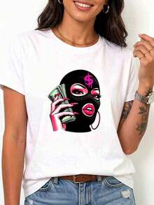 Women's White Short Sleeve T-Shirt Masked Lady - Casual Round Neck Blouse With Masked Lady Print, Machine Washable, Suitable For Summer Casual Wear And Themed Outfits, Short Sleeve T-Shirt Without Round Neck - 白色的 - 查看 1