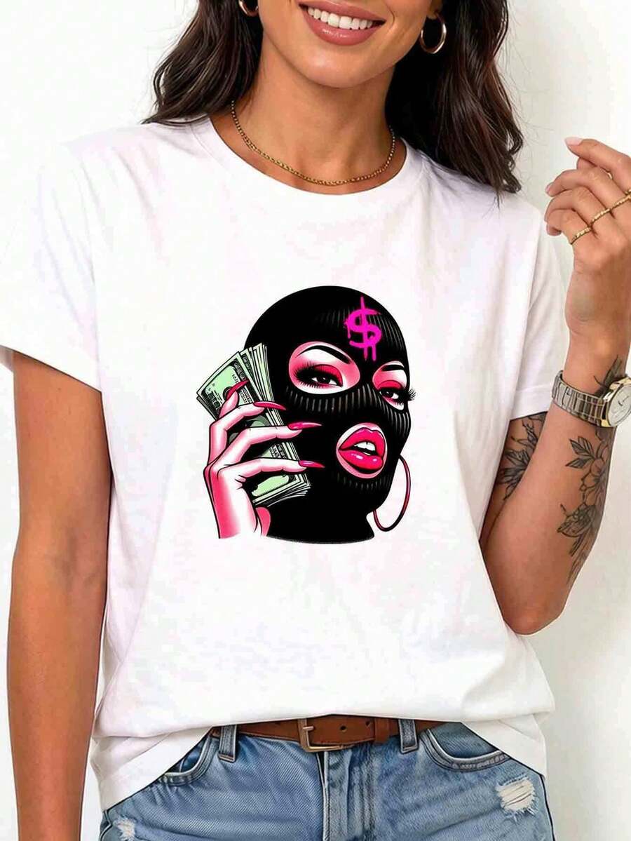 Women's White Short Sleeve T-Shirt Masked Lady - Casual Round Neck Blouse With Masked Lady Print, Machine Washable, Suitable For Summer Casual Wear And Themed Outfits, Short Sleeve T-Shirt Without Round Neck - 白色的 - 查看 1