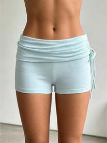 Women Fold Over Waist Shorts Fashionable Solid Color Low Rise Slim Fit Mini Shorts For Beach Daily Wear - Blue - View 1