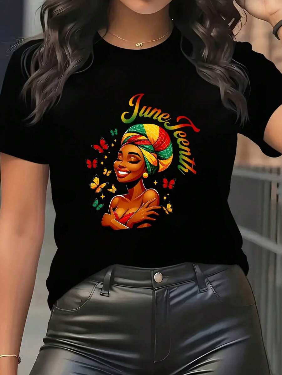 WoS June Teenth T-Shirt With African American Woman And Butterfly Print, Pastel Pink, Elastic, Lightweight, Quick-Drying, Breathable, Soft Fabric, Casual Wear For Cultural Events, Sizes S-XXXL Available. - 黑色 - 查看 1