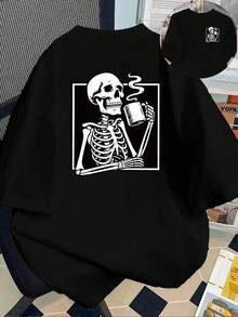 2026 Creative Double-Sided Printed Short Sleeve T-Shirt - Skull Coffee, Skeleton Coffee - Fashionable Printed T-Shirt For Women Spring Summer, Fashion Item, Versatile Casual Domestic Shipping For Women, Women's Long Sleeve Blouses 1pc 180g Unisex Loose Crewneck T-Shirt - 黑色 - 查看 7