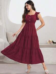 Vestido azul con cuello cuadrado, sin mangas, con volantes, botones de perla y bordado - Burdeos - Ver 5