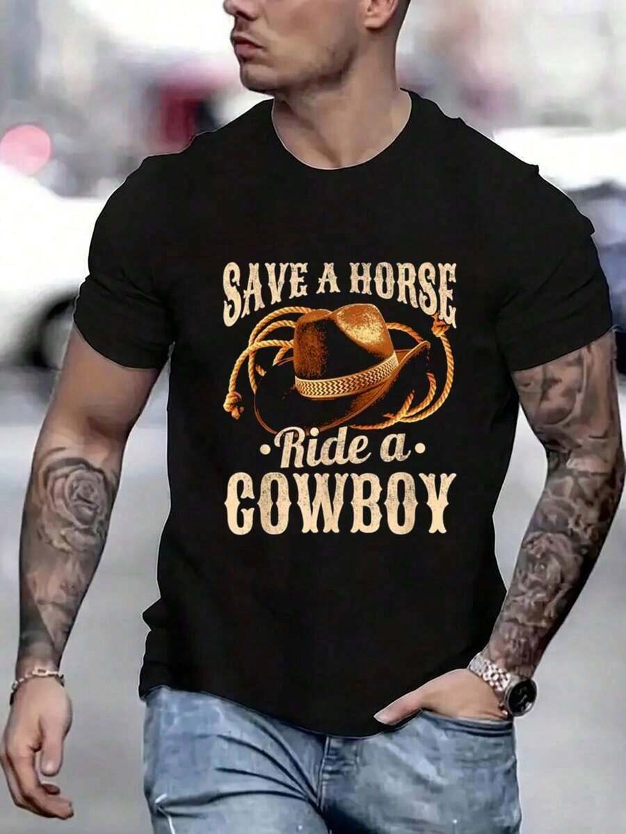 Camiseta de Algodón 100% con Diseño Gráfico de Vaquero del Oeste, Diseño "Save A Horse, Ride A Cow"-1, Camiseta de Hip-Hop Urbana para Hombre - Negro - Ver 1