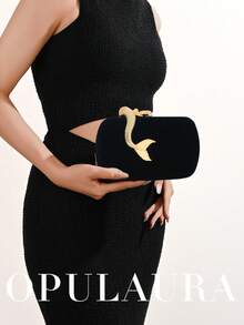 OpulAura 女士复古时尚丝绒手拿包，美人鱼造型纽扣设计，欧美风格，高端简约方型手提包，适合婚礼、晚宴、正式活动、派对等场合，可手提或单肩背，配有高品质链条肩带 - 黑色 - 查看 8