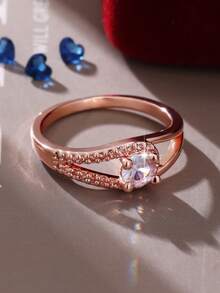 1 chiếc nhẫn cưới/đính hôn cổ điển lấp lánh hình tròn, đính đá Cubic Zirconia tổng hợp, quà tặng cho nữ nhân dịp sinh nhật, Lễ tình nhân, Năm mới, Giáng sinh, Ngày của Mẹ. - Hoa hồng vàng - Xem 2