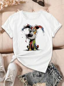 Camiseta de mujer de manga corta y cuello redondo, casual y de moda, esencial de verano, de alta calidad, con estampado gráfico - Blanco - Ver 3