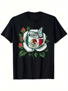 Camiseta de Hombre Viva México Día de la Independencia Mexicana - 180g Peso Pesado 100% Algodón Ajuste Holgado Camiseta Casual con Impresión Patriótica de Bandera Mexicana Vibrante, Águila, Cactus y Serpiente, Diseño de Rosa Blanca y Follaje Verde, Acento de Mariposa - Tallas S-XXXL para Cinco de Mayo y Atuendo Casual, Conjunto Festivo, Ropa Festiva, Tela Suave, Material Transpirable, Camiseta de Cuello Redondo, para Asistentes a FestivalesConjuntos de Vacaciones de Verano 2026 - Negro - Ver 1