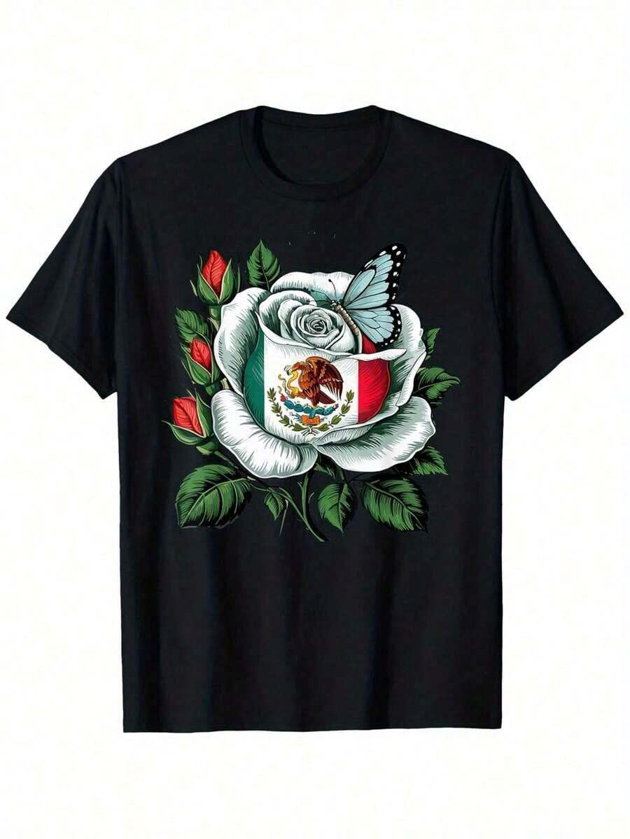 Camiseta de Hombre Viva México Día de la Independencia Mexicana - 180g Peso Pesado 100% Algodón Ajuste Holgado Camiseta Casual con Impresión Patriótica de Bandera Mexicana Vibrante, Águila, Cactus y Serpiente, Diseño de Rosa Blanca y Follaje Verde, Acento de Mariposa - Tallas S-XXXL para Cinco de Mayo y Atuendo Casual, Conjunto Festivo, Ropa Festiva, Tela Suave, Material Transpirable, Camiseta de Cuello Redondo, para Asistentes a FestivalesConjuntos de Vacaciones de Verano 2026 - Negro - Ver 1