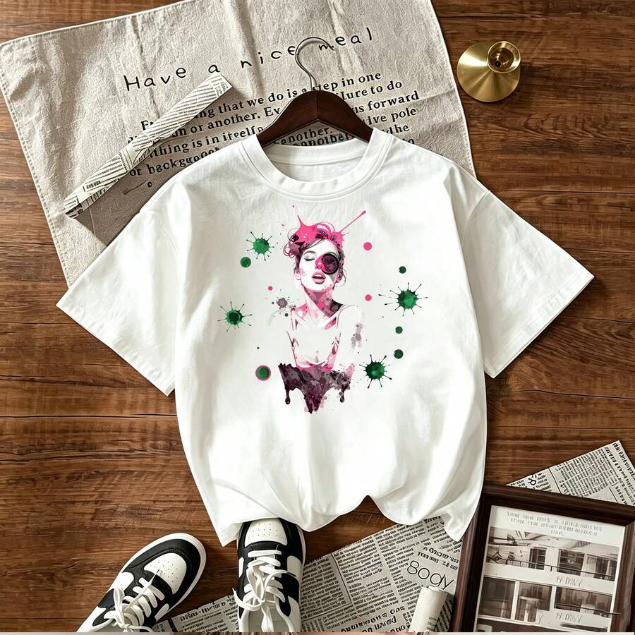 Elegant Fashionable Girl with Pink Eyepatch and Colorful Paint Splashes on White Tank Top Perfect for Summer Wear Unique Artistic Design for Women's Short Sleeve T-Shirt Trendy and Stylish Graphic Print for Casual Outfits Eye-catching Illustration for Female Clothing Collection Modern and Bold Pattern for Women's Apparel Vibrant and Creative Artwork for Ladies' Tank Tops Fashion-forward Design for Women's Tops Ideal for Online Shopping Platforms in Mexico - Blanco - Ver 1