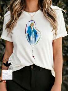 Camiseta Holgada Sencilla Mujer Estilo Moderno Camiseta de Mujer de Talla Grande con Estampado Casual de Lujo, Estilo Religioso Virgen, 100% Algodón, Cuello Redondo, Cómoda y Casual - La Opción Perfecta para Uso Diario, Regalos de San Valentín y Pascua. Camiseta Mujer Estampado Gráfico  Verano 2026 - Blanco - Ver 6