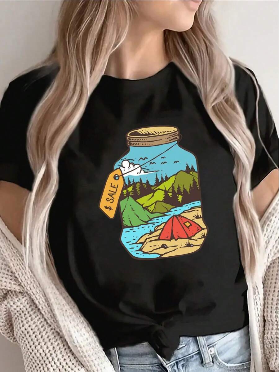 Women's Short-Sleeved T-Shirt, Featuring A Camping Scene Print With A Jar On A Black Background, Designed For Outdoor Adventures And Casual Wear, With A Comfortable Fit And Lightweight Material, Perfect For Everyday Use Or Travel. - 黑色 - 查看 1