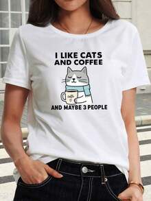 Nuevas llegadas para el verano. Camiseta de Mujer con Estampado de Gato y Café - Cómoda y Transpirable, Elasticidad Media, Estampado Divertido, Textura Suave, Top Casual de Manga Corta con Cuello Redondo Clásico, Ropa Sencilla para Mujer de Verano y Primavera, Lavable a Máquina, Imprescindible para Amantes de la Moda. Blusa, Camisa > Hermosa. - Blanco - Ver 7