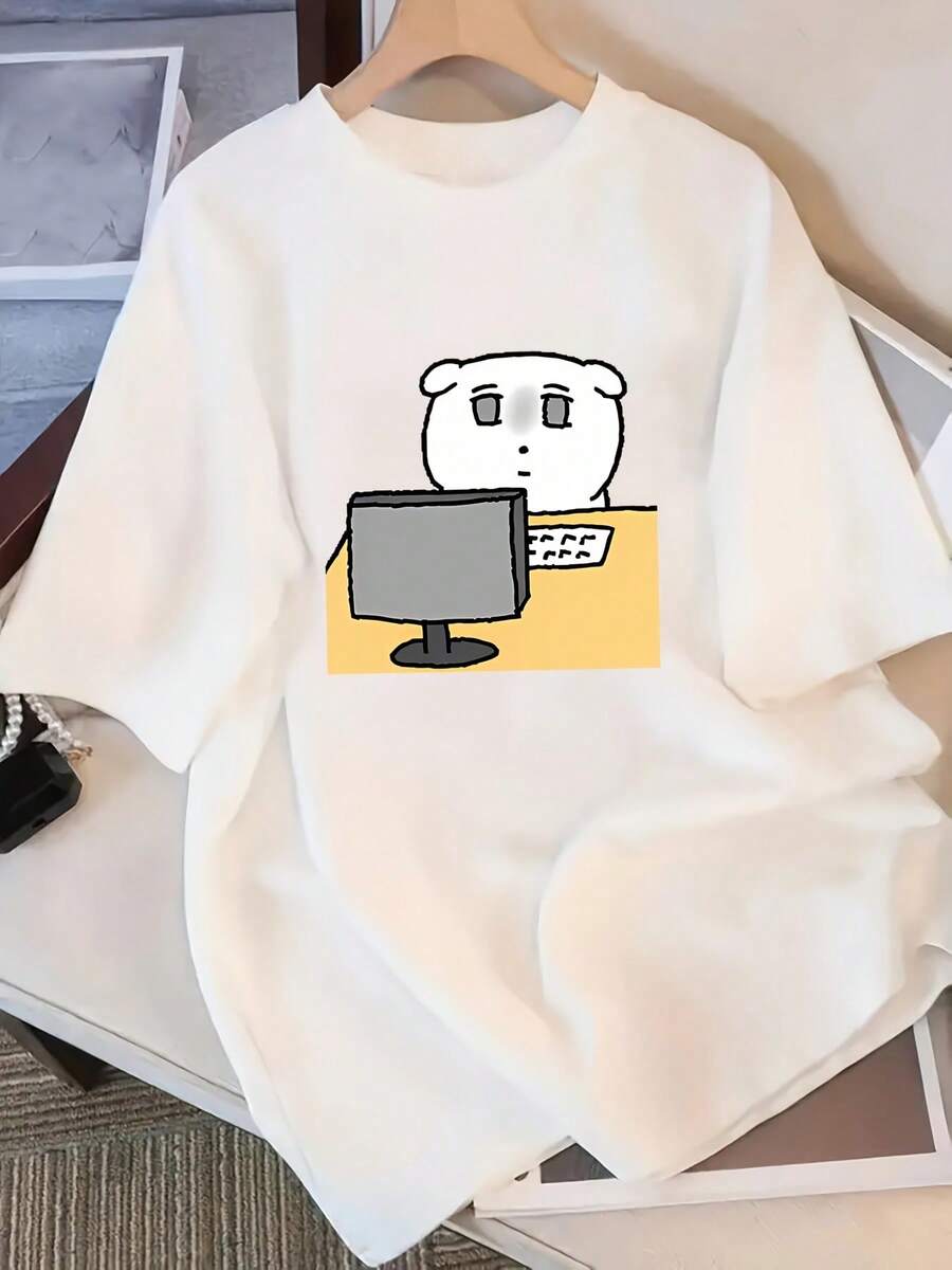 Camiseta Bobari para mujer con estampado de oso trabajador estilo coreano - Top extragrande de manga corta con hombros caídos y estampado de oso, blusa transpirable de primavera-verano adecuada para atuendo casual, prendas de moda coreana lavables a máquina - [Blanco] - Ver 1