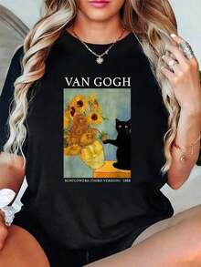 Camiseta de manga corta con cuello redondo y estampado de arte de Van Gogh (Girasoles y Gato Negro) 100% algodón para hombre y mujer. - Negro - Ver 1