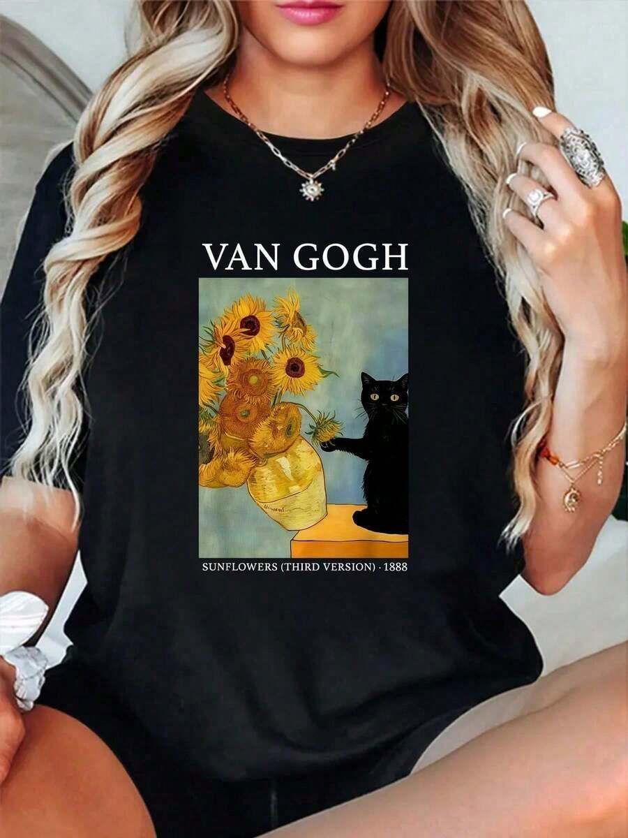 Camiseta de manga corta con cuello redondo y estampado de arte de Van Gogh (Girasoles y Gato Negro) 100% algodón para hombre y mujer. - Negro - Ver 1
