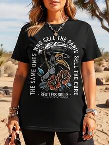 Camiseta con estampado de letras estilo retro punk oscuro, top casual de manga corta con cuello redondo, top de moda casual para mujer de primavera/verano, camiseta, blusas para mujer, tops, blusas, camisas. - Negro - Ver 1