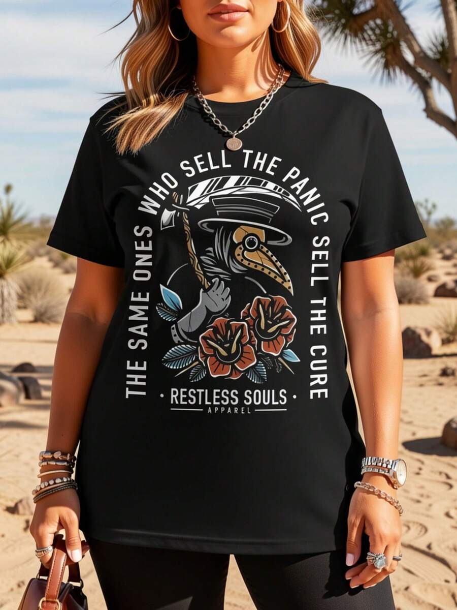 Camiseta con estampado de letras estilo retro punk oscuro, top casual de manga corta con cuello redondo, top de moda casual para mujer de primavera/verano, camiseta, blusas para mujer, tops, blusas, camisas. - Negro - Ver 1