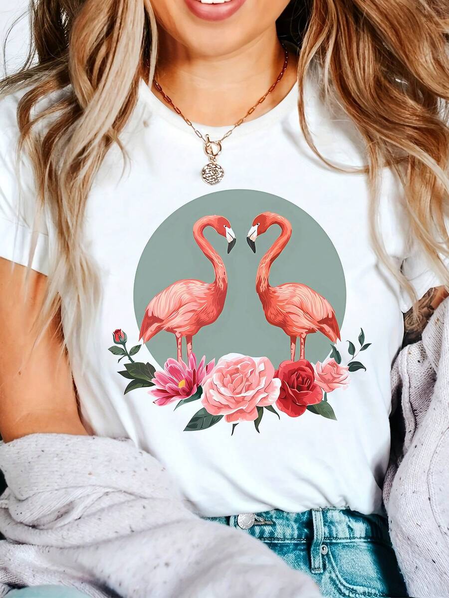 Soft 100%CottonT-ShirtFlamingo Print Crew Neck T-Shirt | Casual Short Sleeve, All-Season Wear, Women'S Clothing With Slight Stretch FabricBreathable Cotton Tee, All Matchcool - 白色 - 查看 1