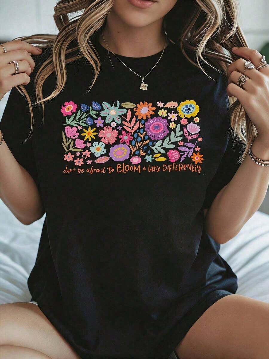 Elegante y casual para mujer, manga corta, camiseta con estampado floral, camiseta gráfica de verano con diseño floral diferente, ropa casual blanca para mujer, primavera y verano. - Negro - Ver 1