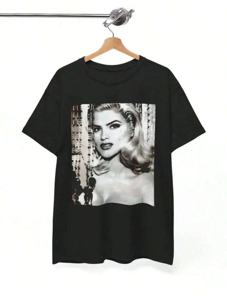 Camiseta Unisex de Algodón Grueso de la Ícono de los 90, Anna Nicole Smith, Camiseta Retro, Moda de Cultura Pop, Camiseta con Gráficos, Regalo Casual para Ella - Negro - Ver 1